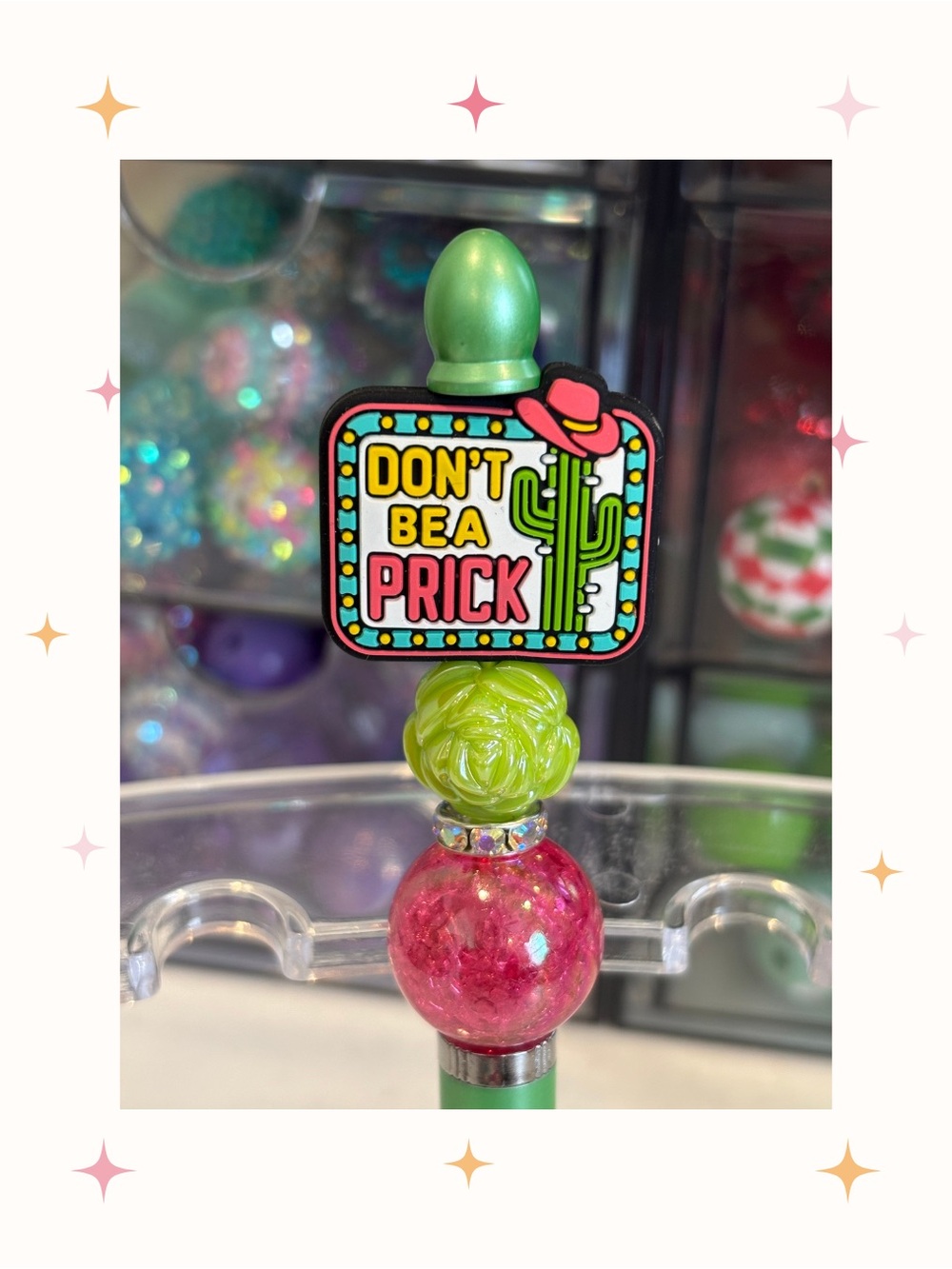 Handcrafted Beaded Stylus Don't Be a Prick Green & Pink Decorative Pen
